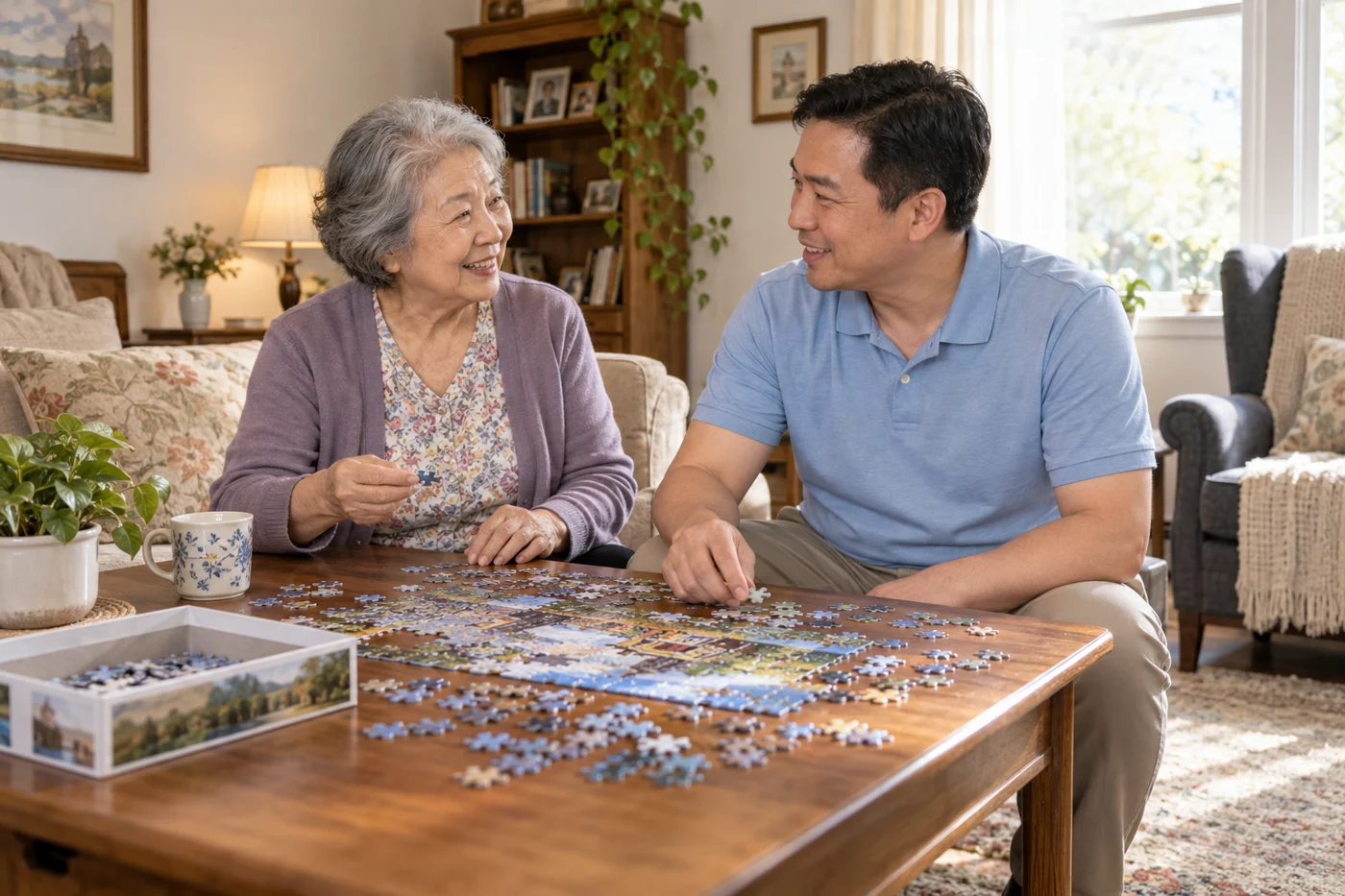 Illustrative scene of an older Asian woman and a male home-care companion enjoying a puzzle together.