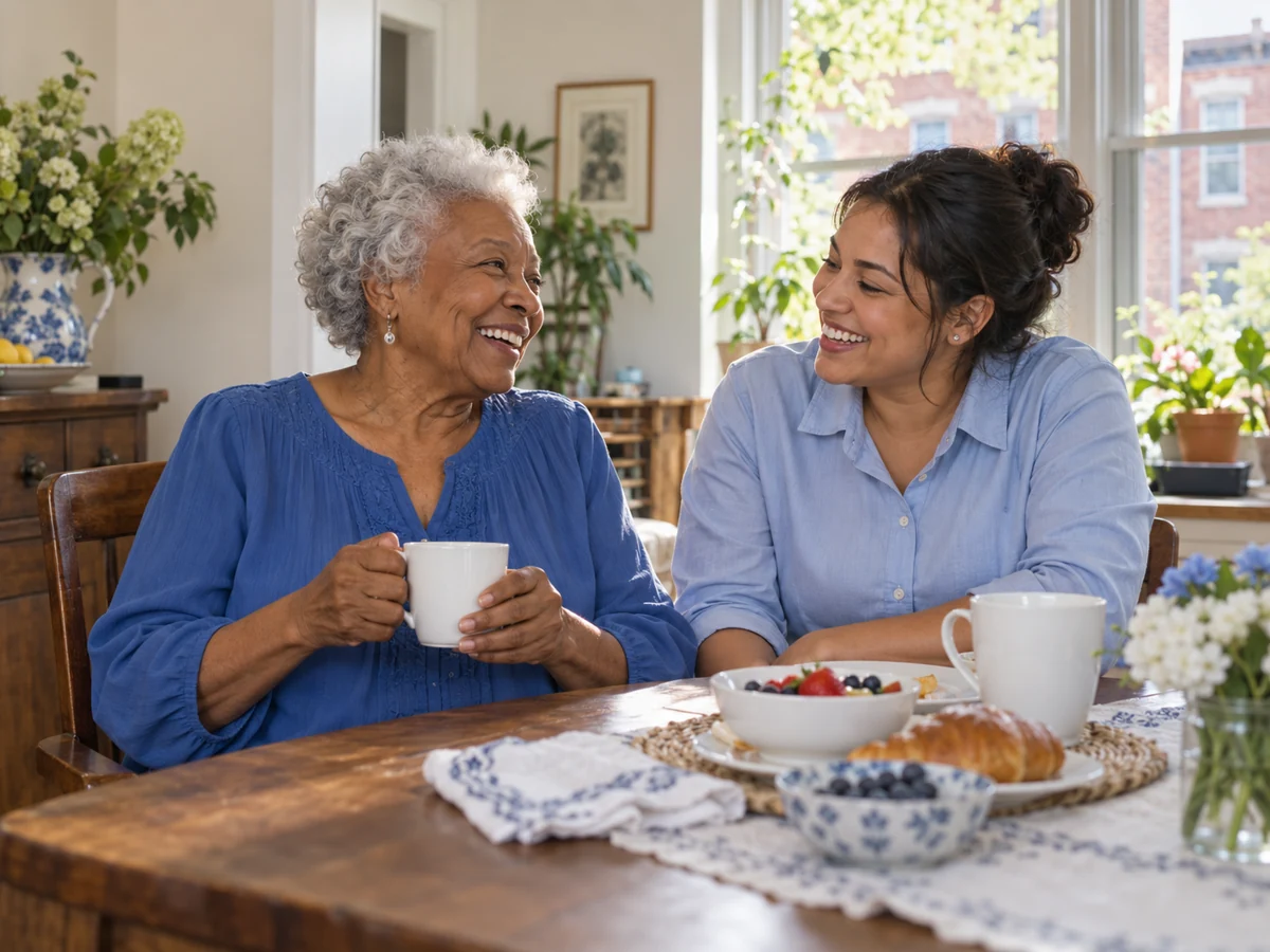 An older woman and a home-care companion share a relaxed conversation. Illustrative image.