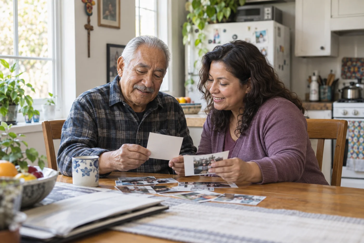 Illustrative scene of an older Latino man and his adult daughter looking through family photographs at home.