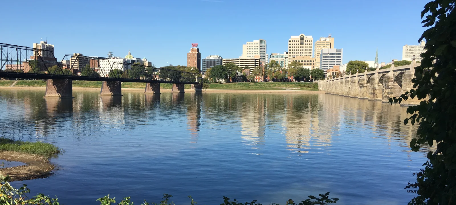 Harrisburg's Capitol and riverfront across the Susquehanna River